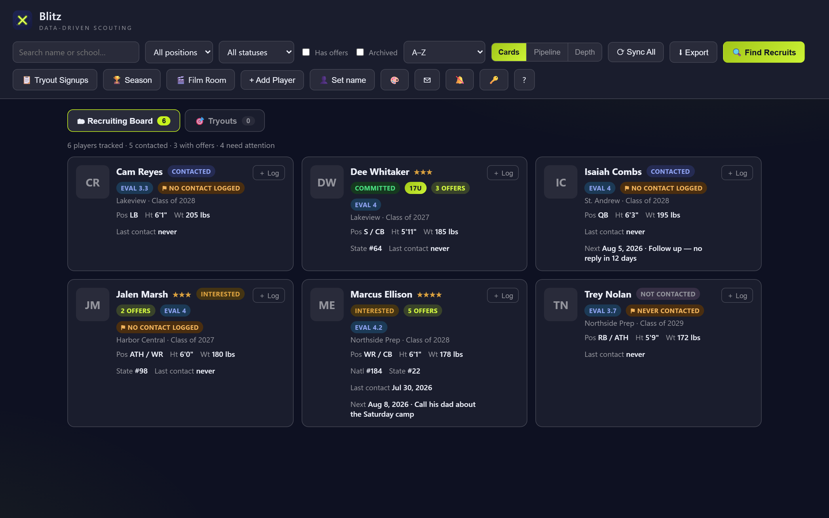 The Blitz recruiting board — player cards with status, evaluation scores, offers and follow-up reminders