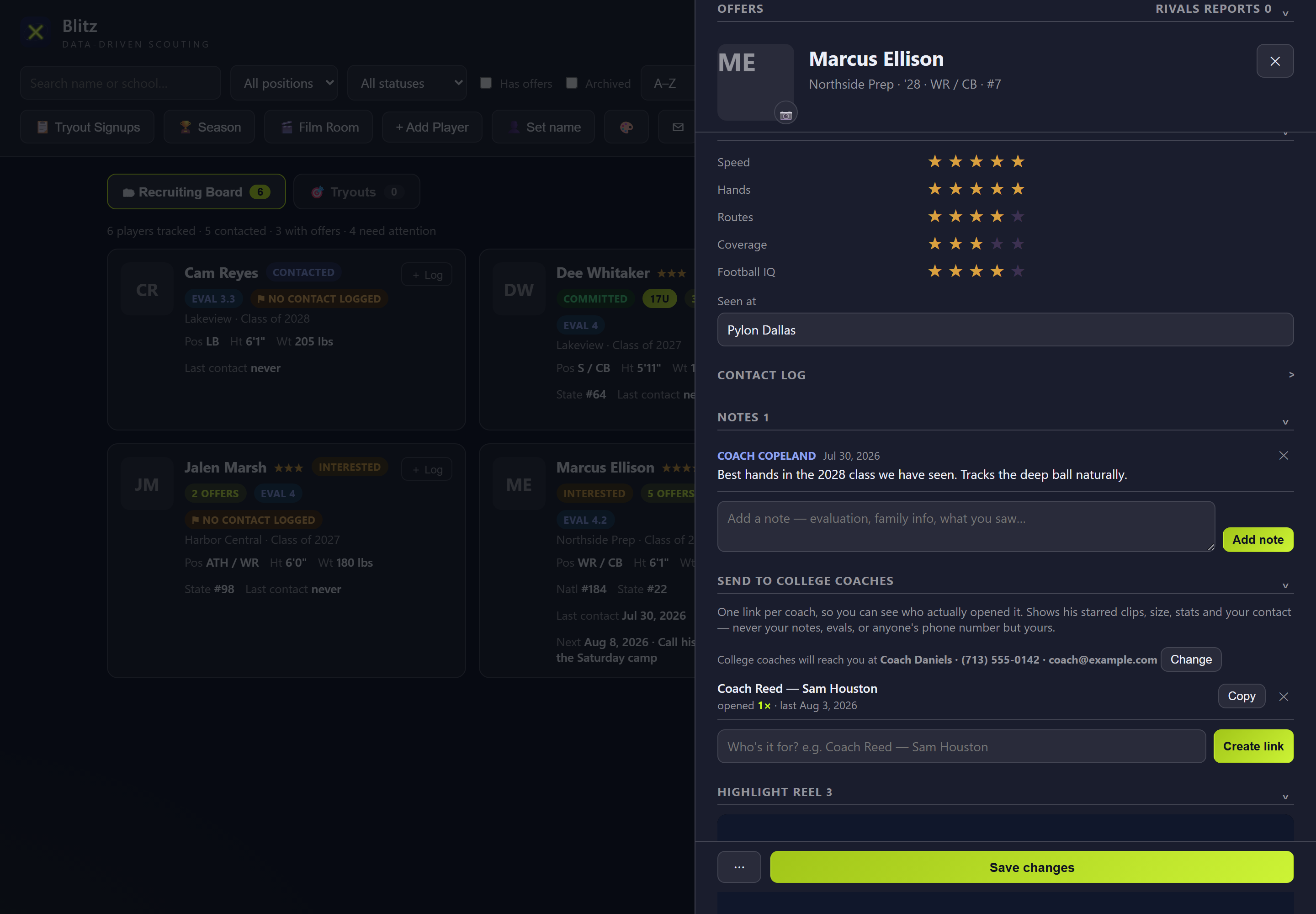 A player profile showing evaluation stars, an attributed notes thread, and the Send to College Coaches panel